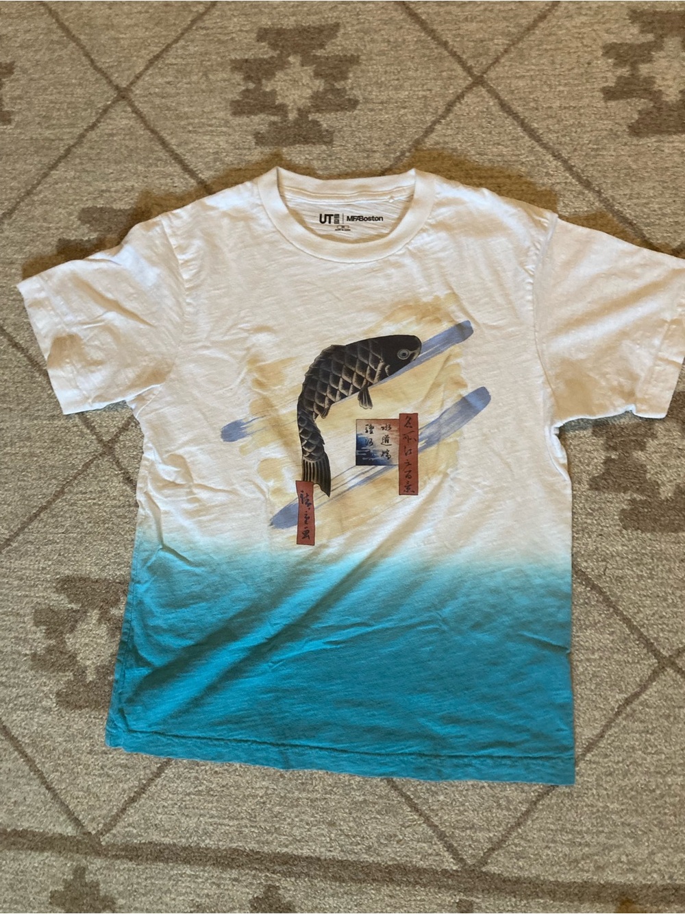 Uniqlo White to Teal Koi Fish Gradient Short-Sleeve Tee